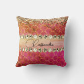 ホットピンクのオレンジ色の輝くダイヤモンドきらきら光る クッション (裏面)