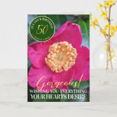 ホットピンクのカメリアの花のハッピーバースデーカード カード (黄色い花)