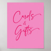 ホットピンクのカードとギフトパーティーのサイン ポスター (正面)