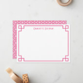 ホットピンクのギリシャ鍵縁どのパーソナライズされた文具 ノートカード (正面/裏面インサイチュ)