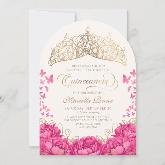 ホットピンクのクラウンバタフライ エレガントなキンセアニエラ 招待状 (正面)