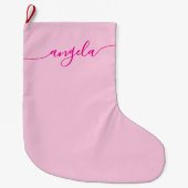 ホットピンクのグラマラスシグネチャー名前中央 ラージクリスマスストッキング (正面)