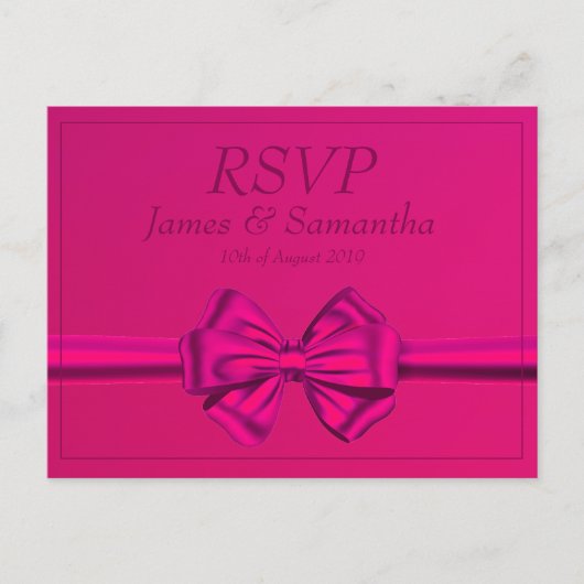 ホットピンクのサテンリボン ―― ぜひご参加ください インビテーションポストカード (正面)