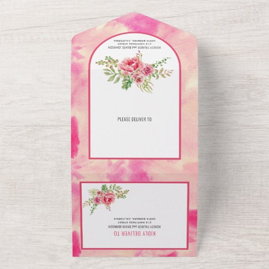 ホットピンクのサボテン葉の花、フローラの結婚すべて オールインワン招待状 (外側)