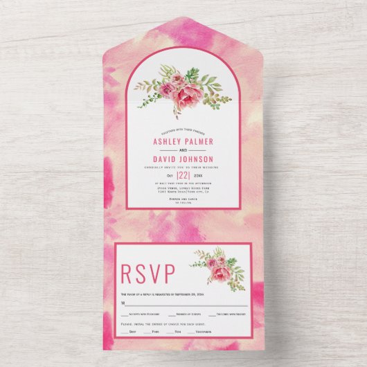 ホットピンクのサボテン葉の花、フローラの結婚すべて オールインワン招待状 (内側)