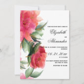 ホットピンクのサンゴの森の緑の金ゴールド結婚バラ 招待状 (正面)