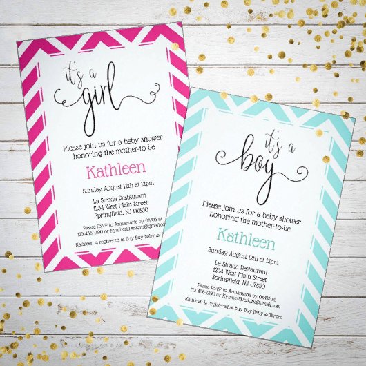 ホットピンクのシェブロン 女の子の赤ちゃん歓迎会 招待状