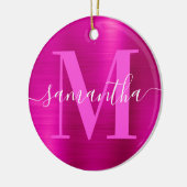ホットピンクのシグネチャーモノグラムフォイルフォト セラミックオーナメント (左)