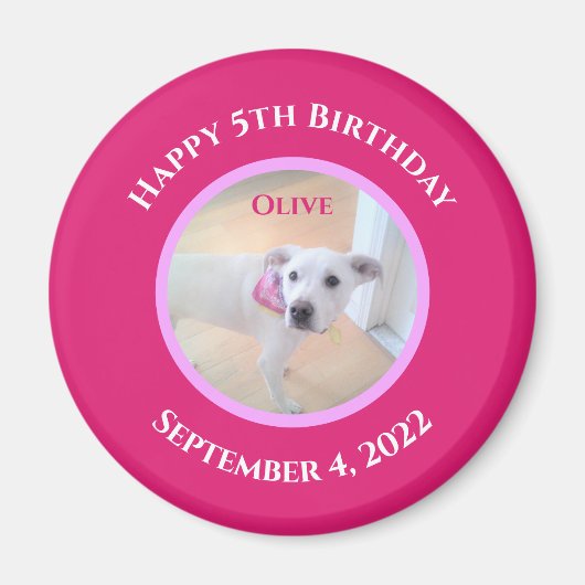 ホットピンクのスカーフを巻いたかわいい子犬の写真 マグネット (正面)