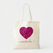 ホットピンクのスパークフェイクルグリッターハートお名前 トートバッグ (正面)