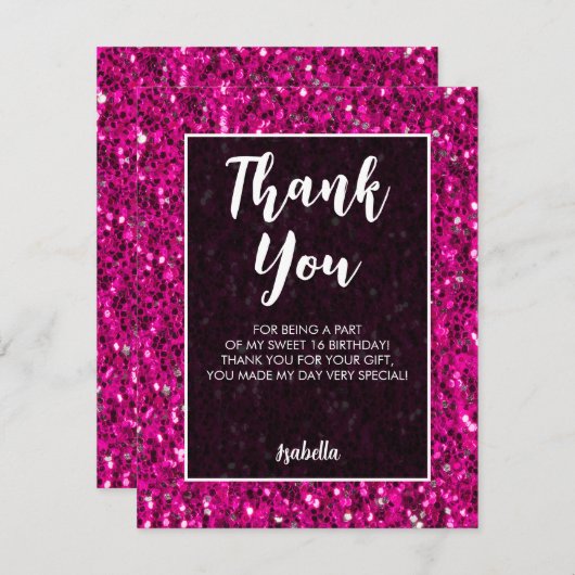 ホットピンクのスパークルグリッタースウィート16エレガントスクリプト サンキューカード (正面/裏面)