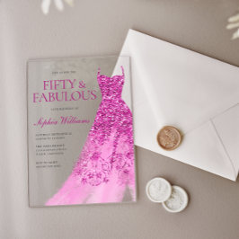 ホットピンクのスパークルドレス50th誕生日パーティー アクリル招待状