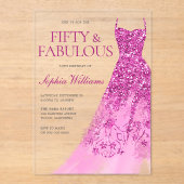 ホットピンクのスパークルドレス50th誕生日パーティー アクリル招待状 (正面)