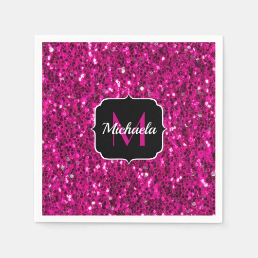 ホットピンクのスパークルフェイクグリッターモノグラム スタンダードカクテルナプキン (正面)