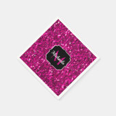 ホットピンクのスパークルフェイクグリッターモノグラム スタンダードカクテルナプキン (角)