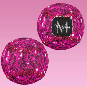 ホットピンクのスパークルフェイクグリッターモノグラム ソフトボール