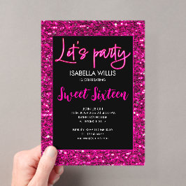 ホットピンクのスパークル Sweet 16 ネオンでパーティーを始めよう アクリル招待状
