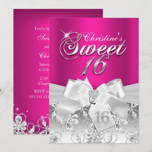 ホットピンクのダイヤモンドボウ Sweet 16 ご招待 招待状 (正面/裏面)