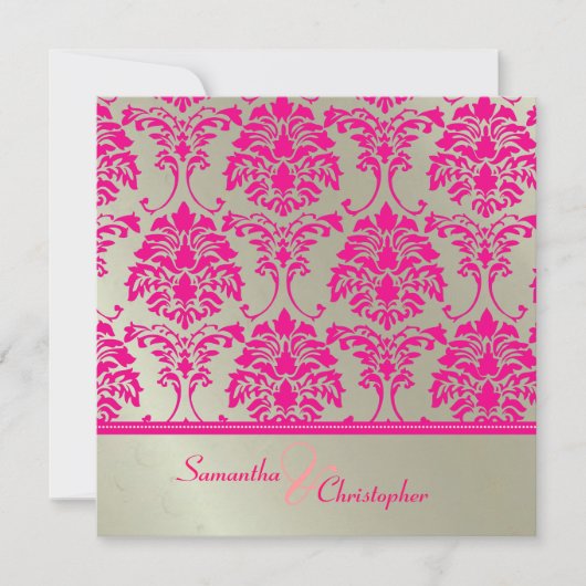 ホットピンクのダマスク/偽の銀の結婚式の招待状 招待状 (正面)