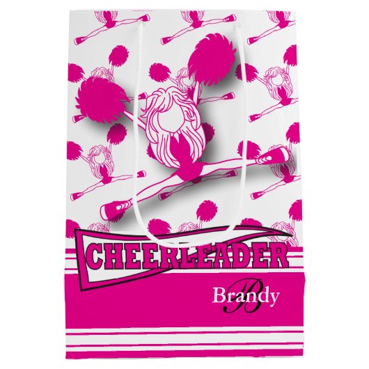 ホットピンクのチアリーダーをパーソナライズ ミディアムペーパーバッグ (裏面)