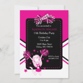 ホットピンクのチアリーダー誕生日パーティー 招待状 (正面)