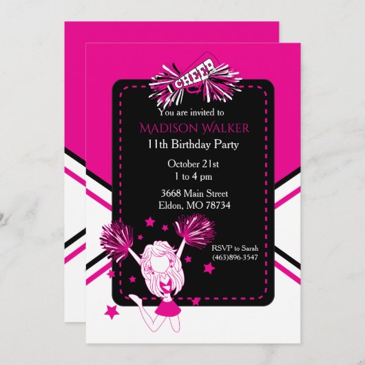 ホットピンクのチアリーダー誕生日パーティー 招待状 (正面/裏面)