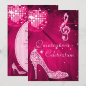 ホットピンクのディスコボールとスパークルヒールでのキンセアニェラ 招待状 (正面/裏面)