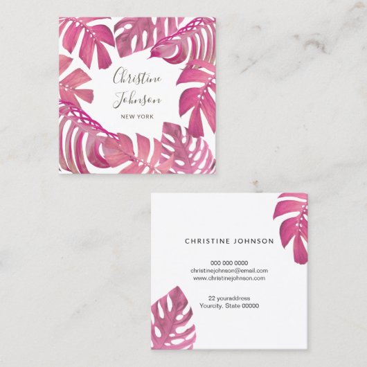 ホットピンクのトロピカル葉ト スクエア名刺 (正面/裏面)