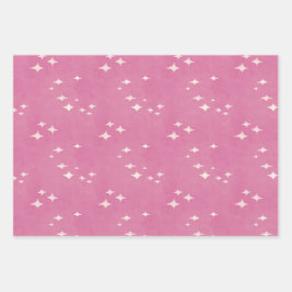 ホットピンクのドット、星と格子柄 ラッピングペーパーシート