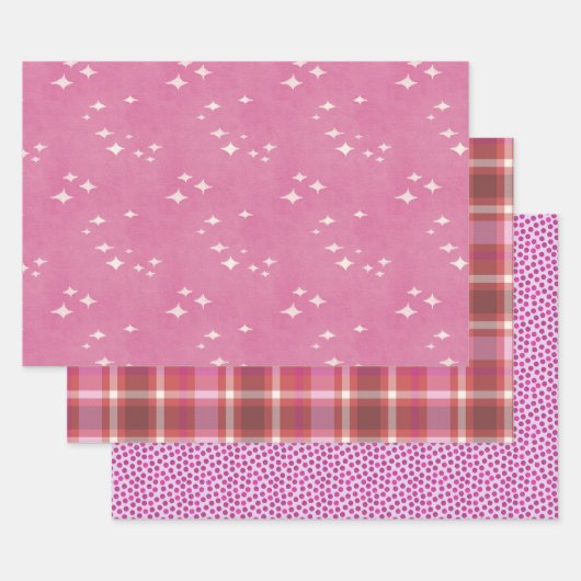 ホットピンクのドット、星と格子柄 ラッピングペーパーシート (セット)