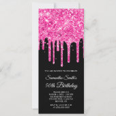 ホットピンクのドリッピンググリッター ブラック 50歳の誕生日 招待状 (正面)