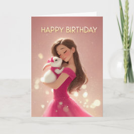ホットピンクのドレスのブラネットの女の子と可愛いウサギの誕生日 カード