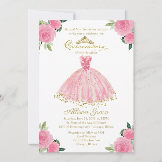 ホットピンクのドレスの二言語式 quinceanera への招待状 招待状 (正面)