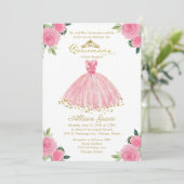 ホットピンクのドレスの二言語式 quinceanera への招待状 招待状 (スタンド正面)