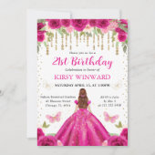 ホットピンクのドレスを着た赤毛のプリンセスの誕生日 招待状 (正面)