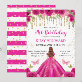 ホットピンクのドレスを着た赤毛のプリンセスの誕生日 招待状