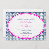 ホットピンクのネイビーオーバルのビーズ名門私立校風の付きカスタムウェディング 招待状 (正面/裏面)