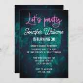 ホットピンクのネオンスクリプトで飾られた葉の誕生日パーティー 招待状 (正面/裏面)