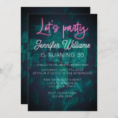 ホットピンクのネオンスクリプトで飾られた葉の誕生日パーティー 招待状 (正面/裏面)