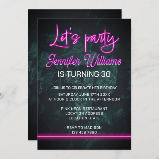 ホットピンクのネオンスクリプトで飾られた葉 招待状 (正面/裏面)