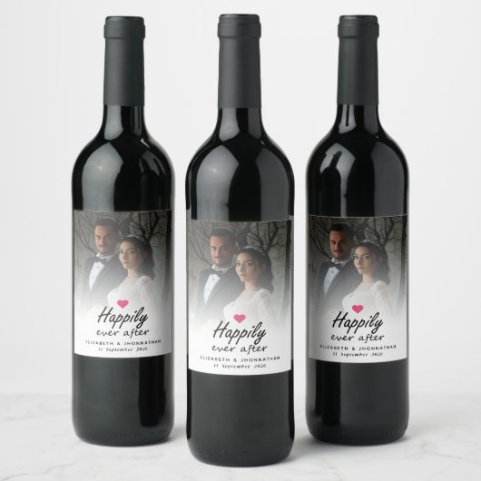 ホットピンクのハートの写真を楽しく結婚過ごす ワインラベル (ボトル)