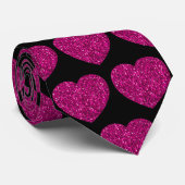 ホットピンクのハートフェイクグリッターキラキラ模様ブラック ネクタイ (ロール)
