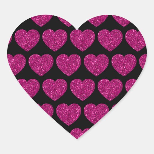 ホットピンクのハートフェイクグリッターキラキラ模様ブラック ハートシール (正面)