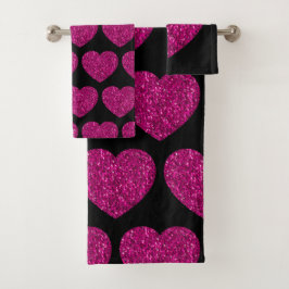 ホットピンクのハートフェイクグリッターキラキラ模様ブラック バスタオルセット