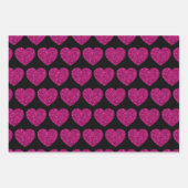 ホットピンクのハートフェイクグリッターキラキラ模様ブラック ラッピングペーパーシート (正面)