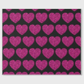 ホットピンクのハートフェイクグリッターキラキラ模様ブラック ラッピングペーパー (フラット)