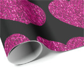 ホットピンクのハートフェイクグリッターキラキラ模様ブラック ラッピングペーパー (ロールコーナー)