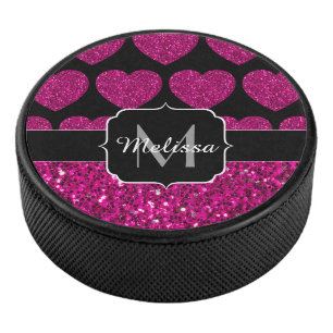 ホットピンクのハートフェイクスパークルズパターンモノグラム アイスホッケーパック