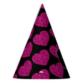 ホットピンクのハートフェイクスパークルズパターンモノグラム パーティーハット (左)