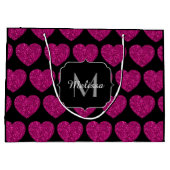 ホットピンクのハートフェイクスパークルズパターンモノグラム ラージペーパーバッグ (裏面)